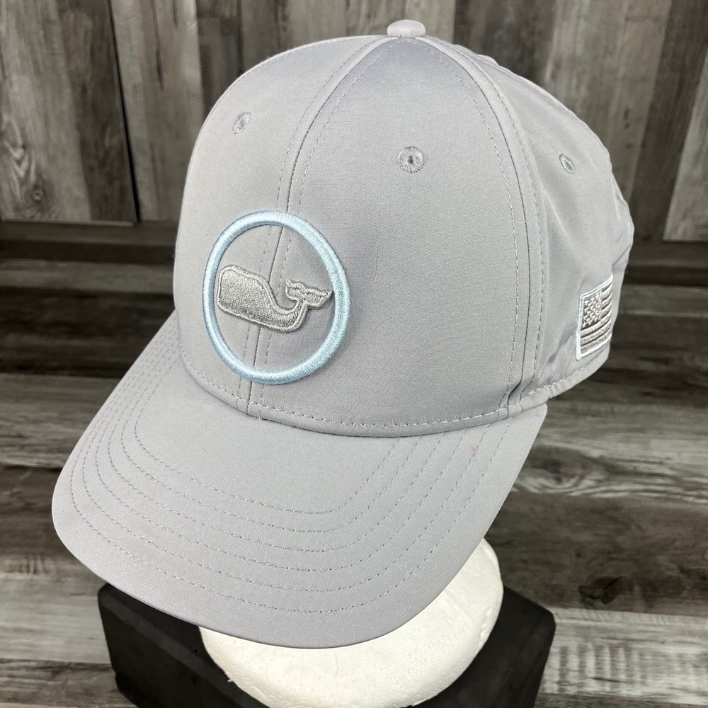 Vineyard Vines Grey Performance Baseball Cap Whale Logo USA Flag Patch Snapback